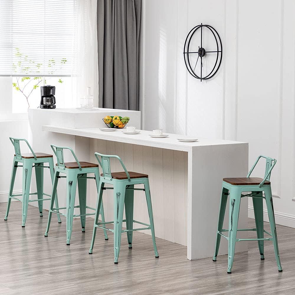 Distressed Green Blue Metal and Wood Counter Stools Set of 4