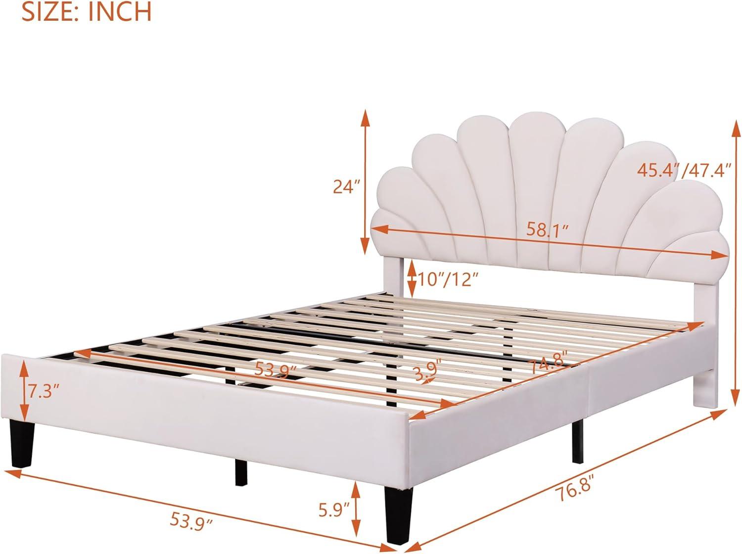 CITYLE Full Size Platform Bed with Flower Pattern Velvet Headboard,Beige