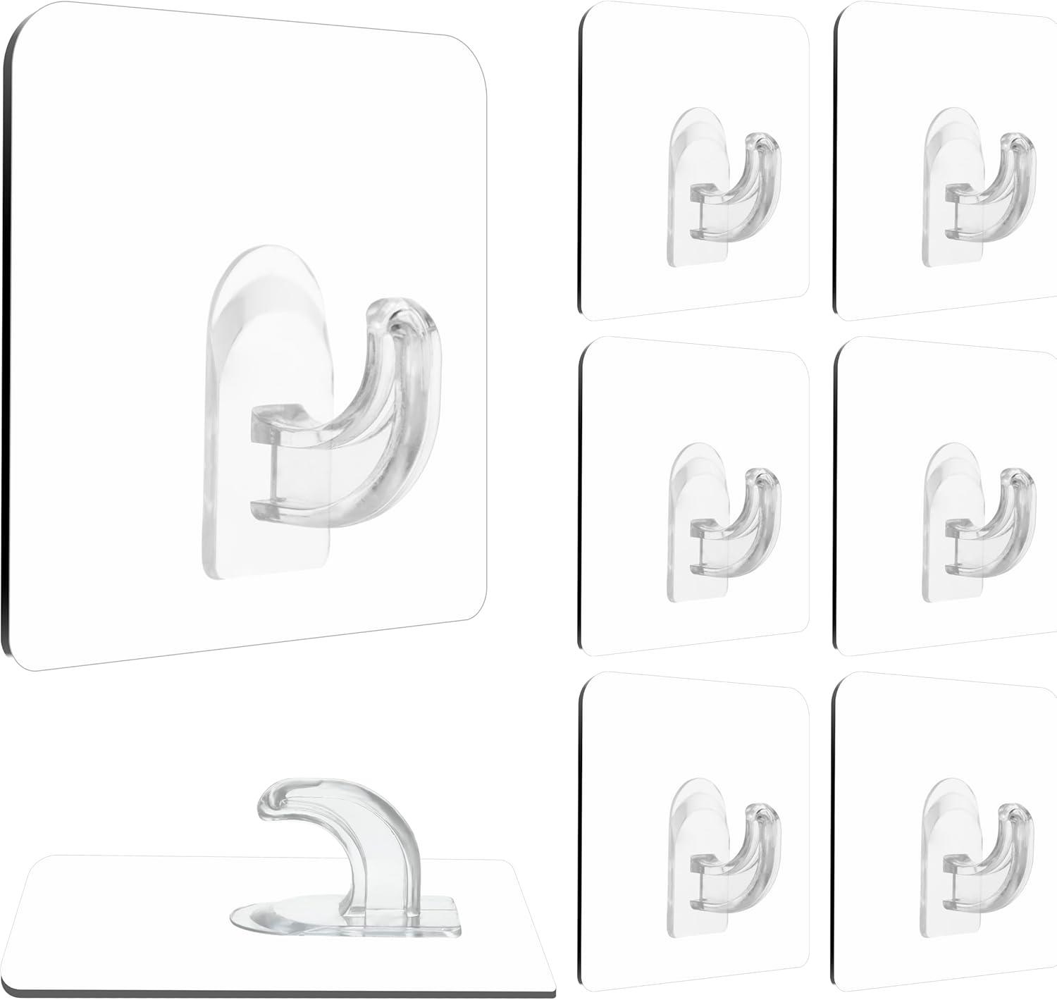 XZZ 8PCS Clear Adhesive Sticky Wall Hooks,No Drilling Strong Waterproof Sticker Hanger for Kitchen, Shower and Bathroom 20kg/44lb. (Max Loading)