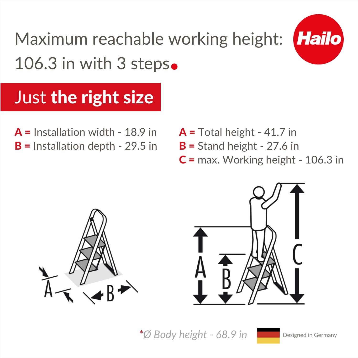 Hailo USA Inc. Hailo Folding Step Stool, Non-Slip 3 Step Ladder for Home & Kitchen, K70, Silver