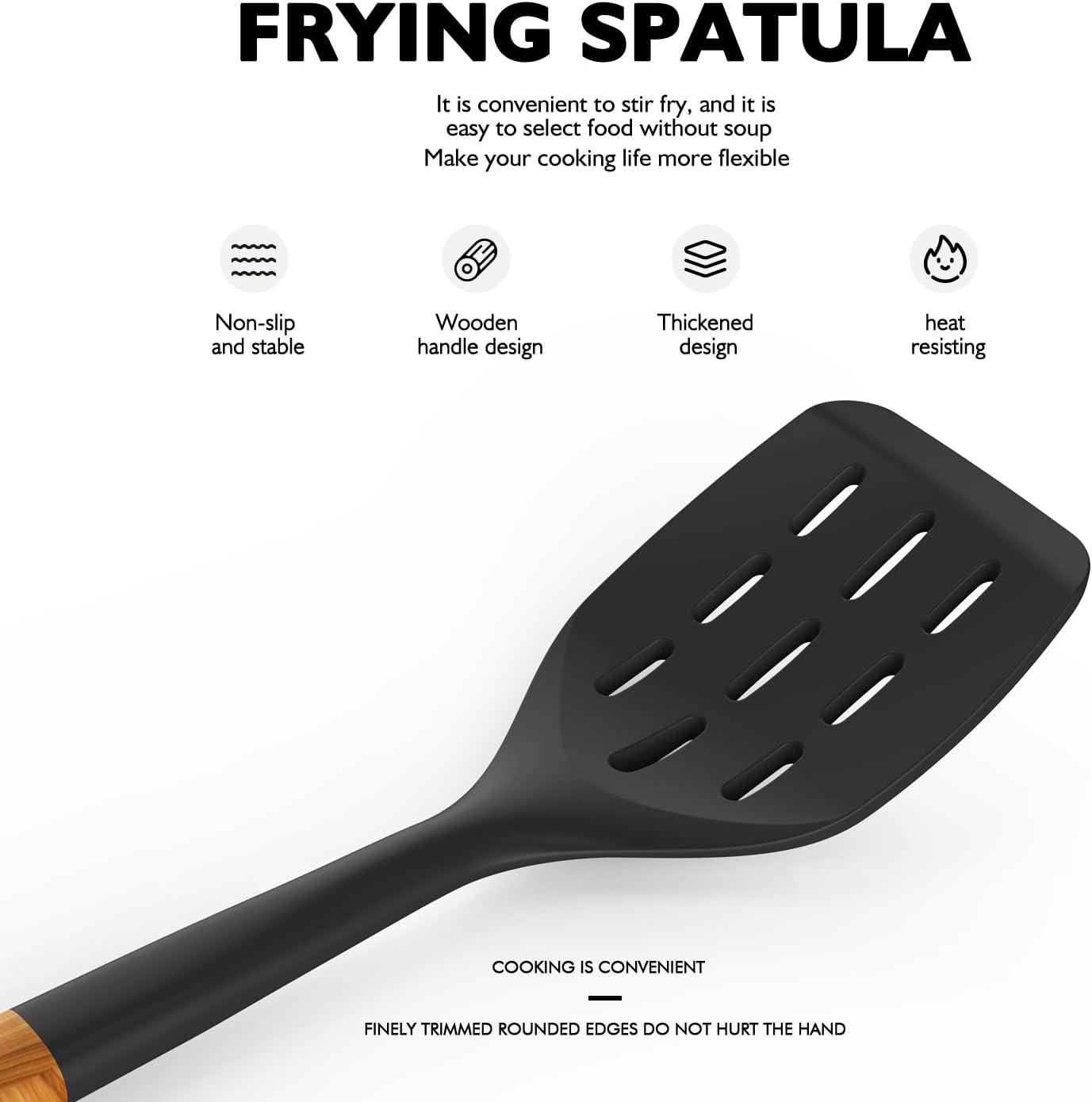 Large Silicone Cooking Utensils - Heat Resistant Kitchen Utensil Set with Wooden Handles, Spatula,Turner, Slotted Spoon, Pasta server, Kitchen Gadgets Tools Sets for Non-Stick Cookware (Black)