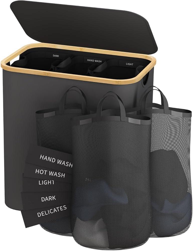 JASODI Laundry Hamper with Lid, 160L Extra Large Laundry Basket 3 Section Dirty Clothes Hamper for Laundry with Removable Laundry Bags