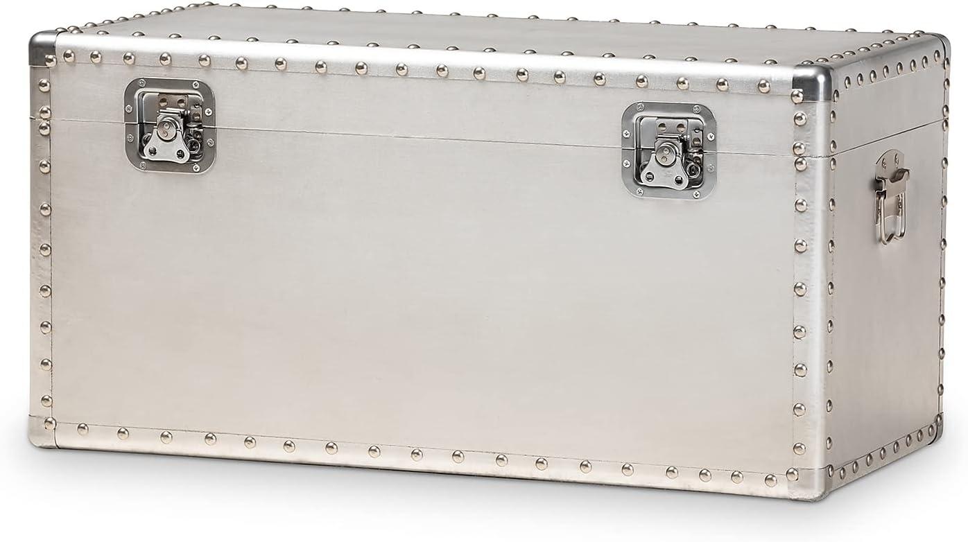 Baxton Studio Serge Metal Storage Trunk Silver: No Assembly, Spot Clean, 150lb Capacity, All Ages