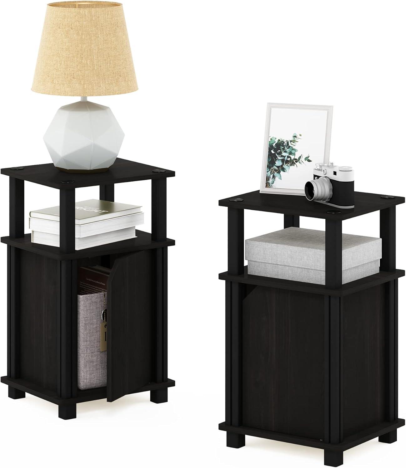 Furinno 2PCS Mid-Century 3-Tier Sofa Side Telephone Table Nightstand Accent End Table w/Storage Cabinet&Open Display Bookshelf,Espresso/Black