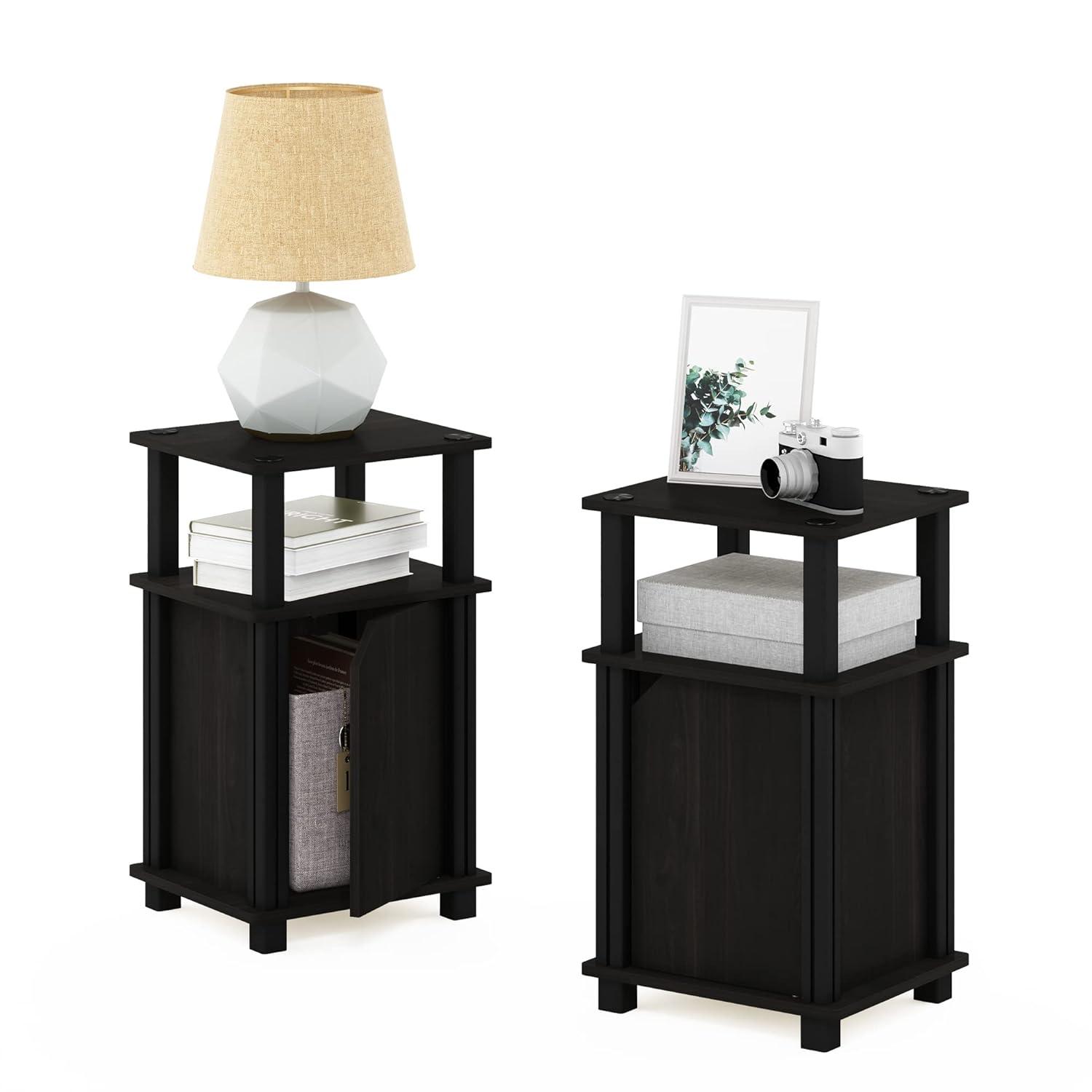 Furinno 2PCS Mid-Century 3-Tier Sofa Side Telephone Table Nightstand Accent End Table w/Storage Cabinet&Open Display Bookshelf,Espresso/Black