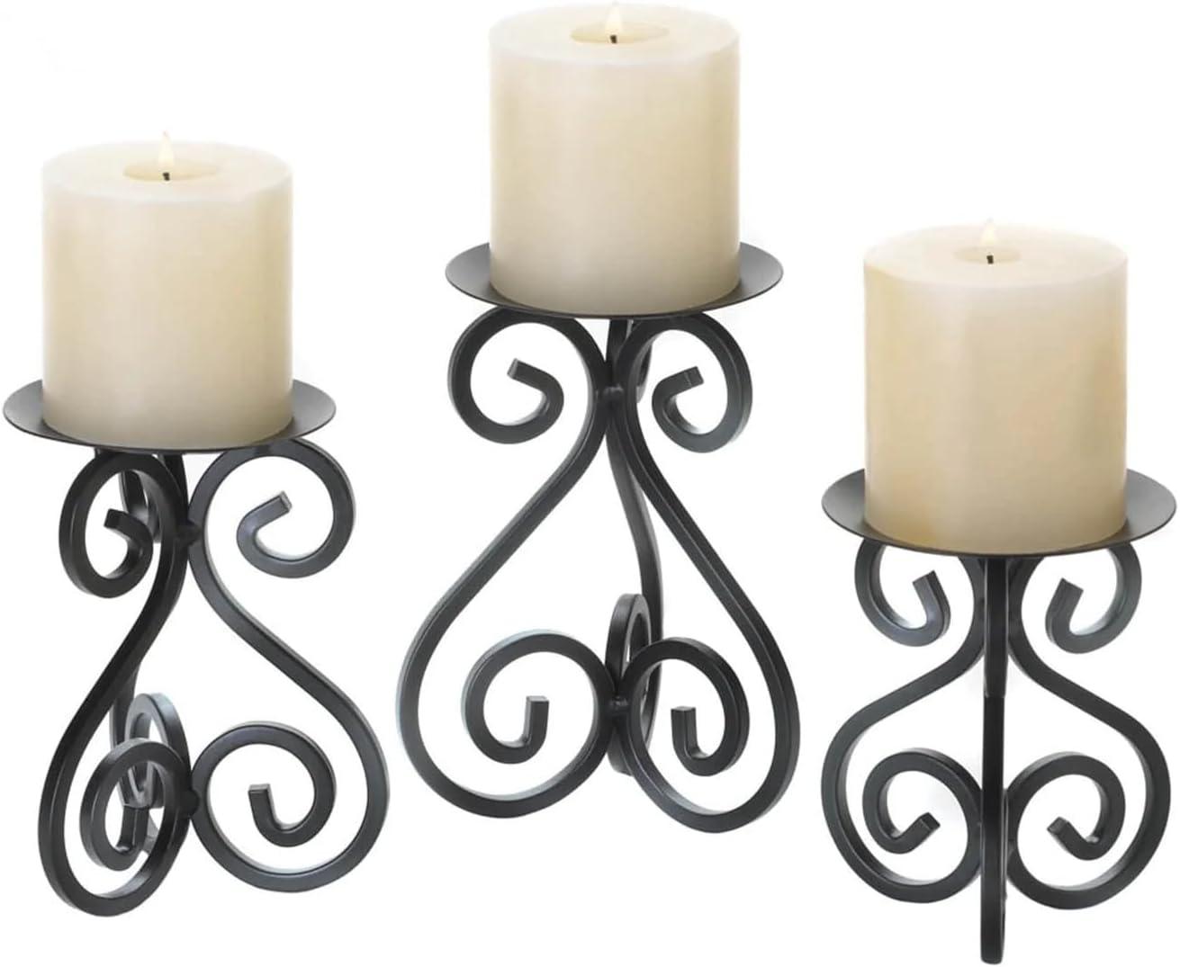 Elegant Scrollwork Black Iron Candle Stand Trio Set