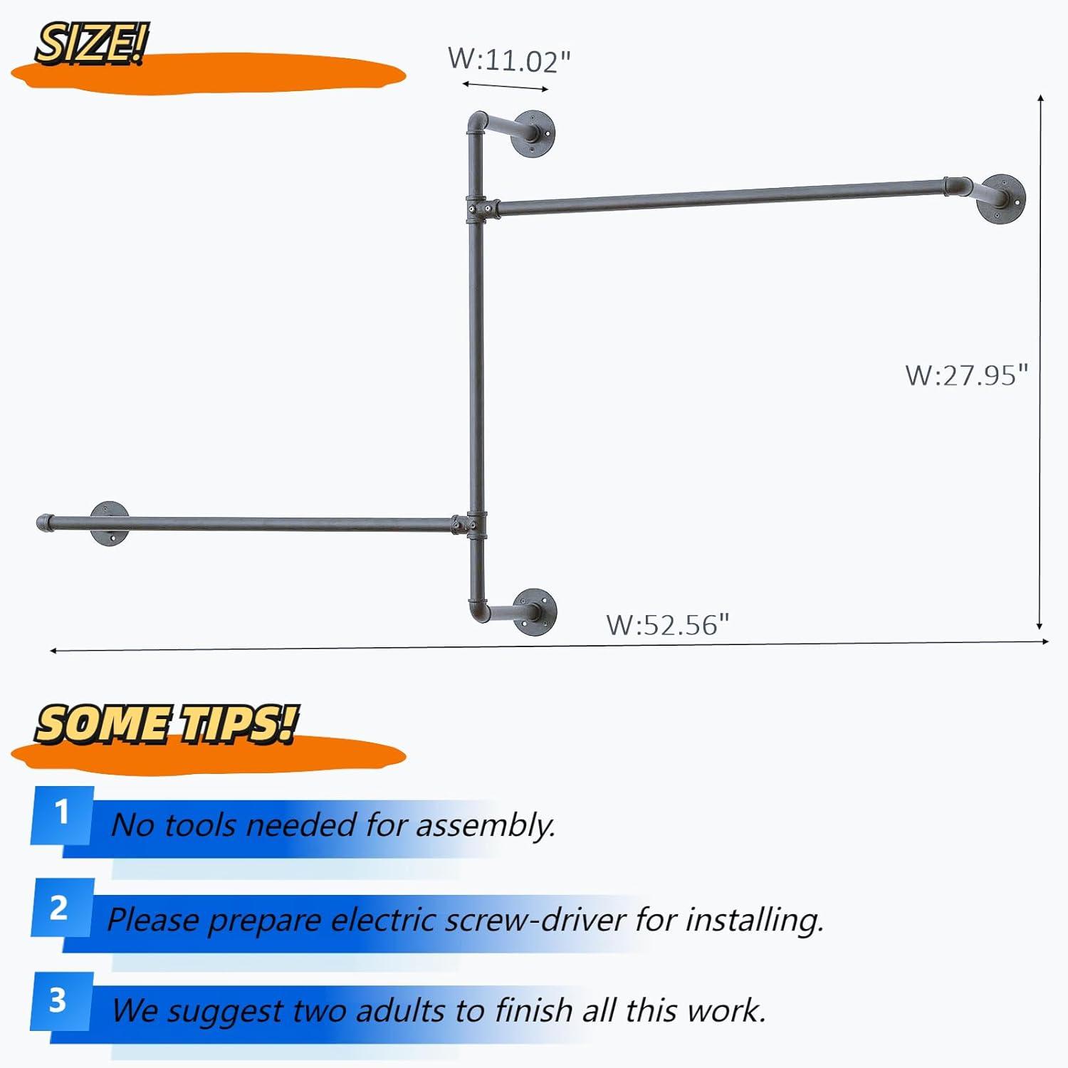 Industrial Pipe Clothes Rack Wall Mounted Clothing Rack,Heavy Duty Iron Pipe Garment Rods,Detachable Multi-Purpose Clothing Hanging Rod/Garment Bar, Black