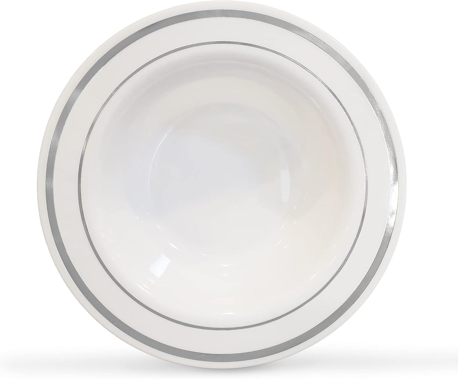 Silver Rimmed White 5 Ounce Plastic Dessert Bowls