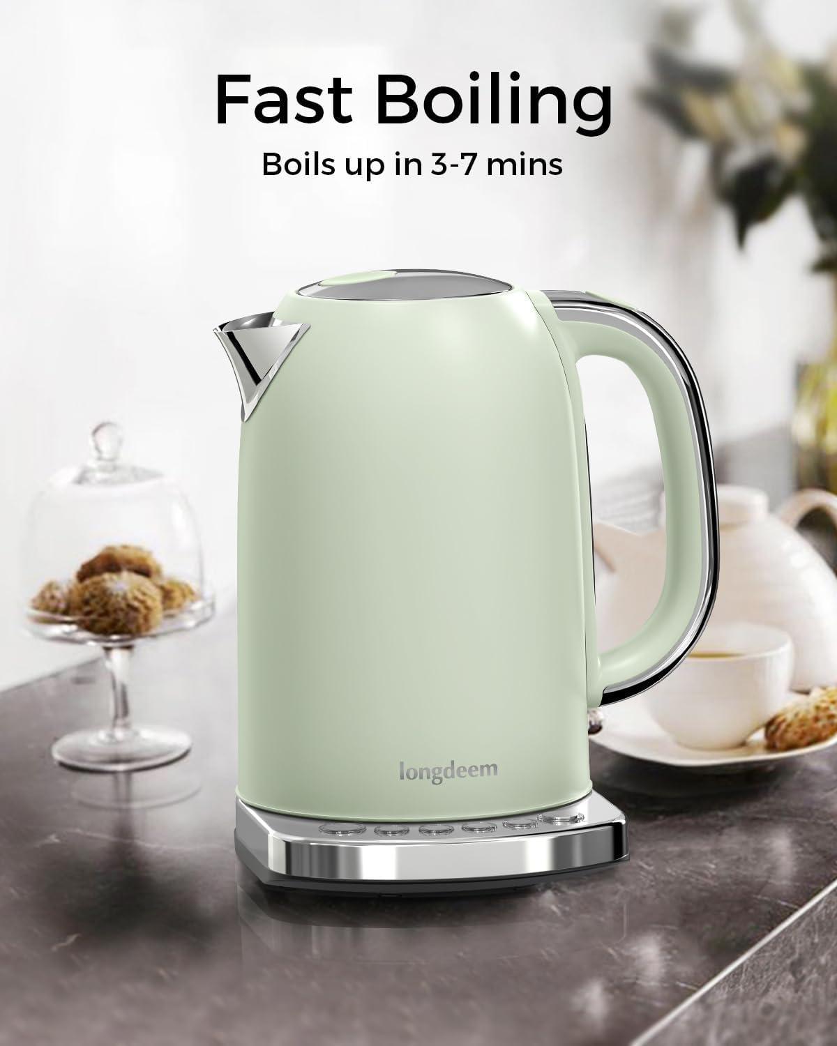 LONGDEEM 1.7L Electric Tea Kettle, 1500W Fast Coffee/Tea Brewing Hot Water Kettle, 5-Temp Preset, Green