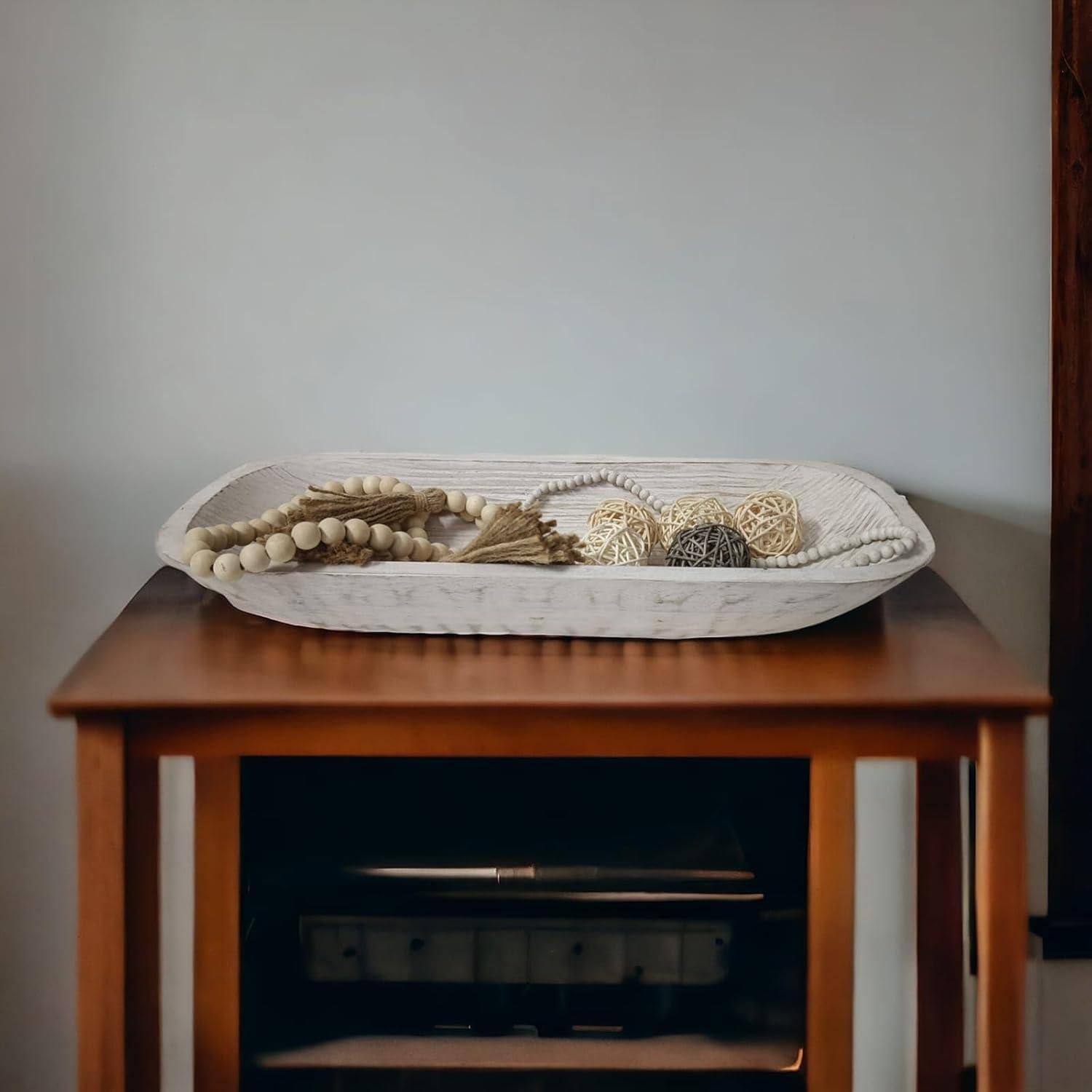 Large Antique White Handcarved Acacia Wood Dough Bowl