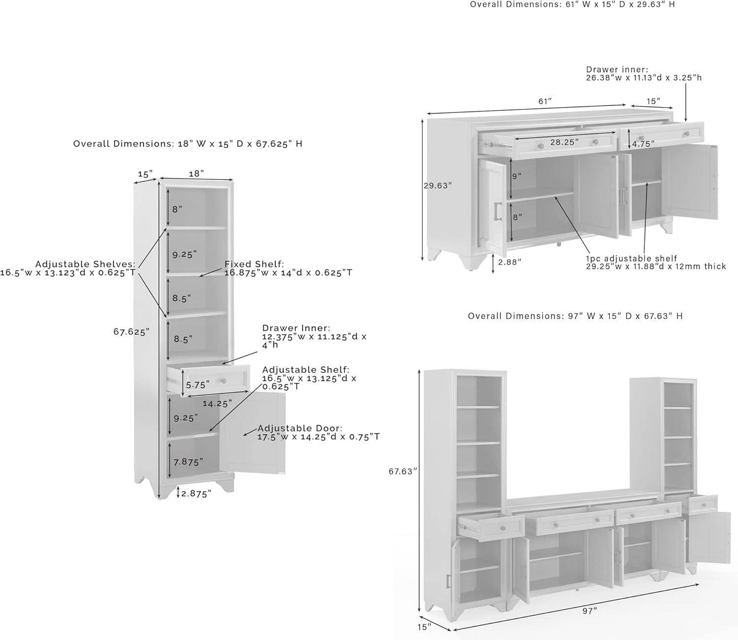 Distressed Gray Adjustable 67" Sideboard and Bookcase Set