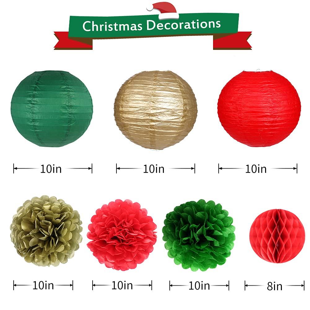 Christmas Party Decorations, Christmas Paper Lanterns Gold Star Pendant Hanging Snowflakes Paper Fan Pom Poms Flowers Honeycomb Ball for Xmas Party Eve Holiday Home Decor
