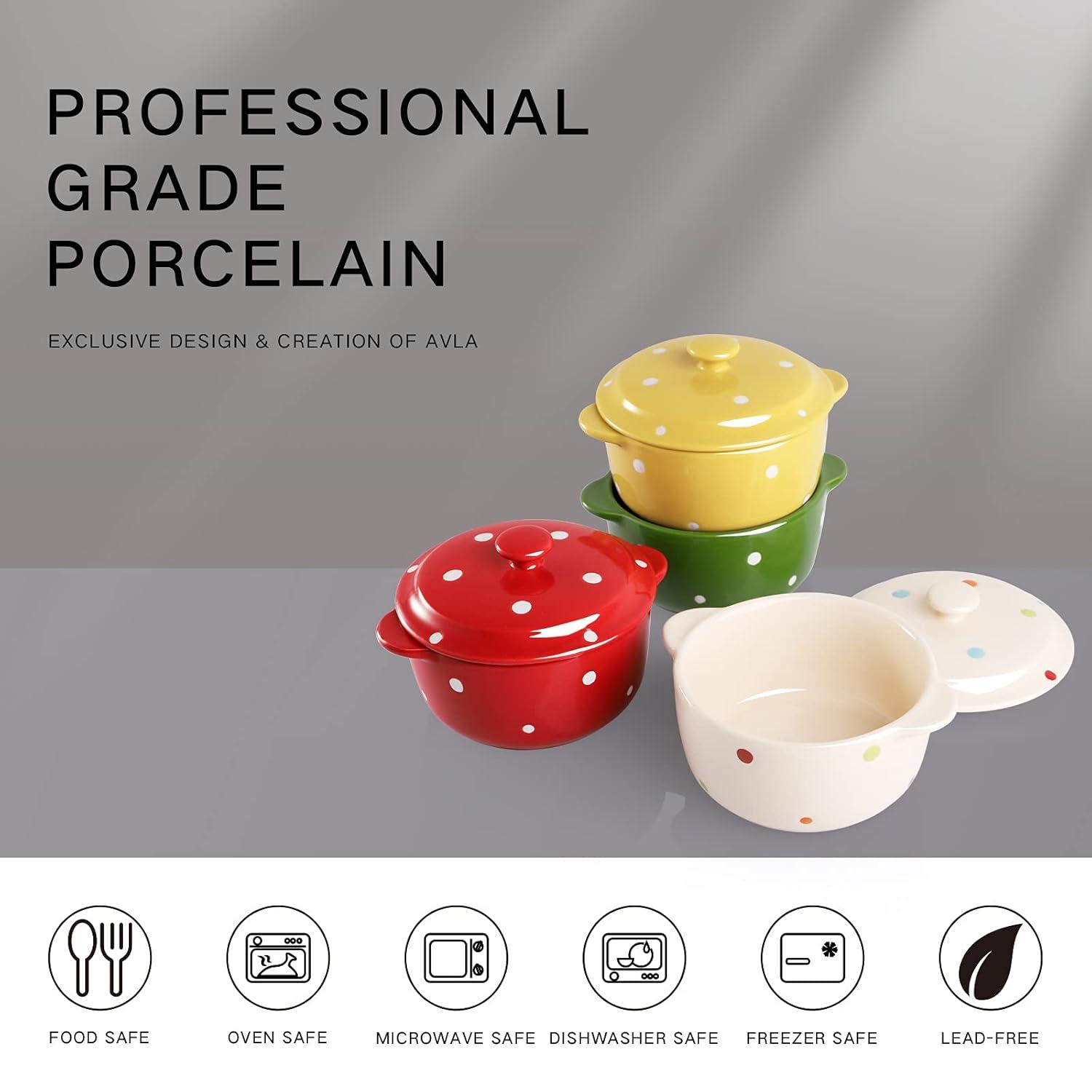 AVLA 4 Pack Porcelain Ramekins, 9 OZ Mini Casserole Bowl with Lid and Handle, Ceramic Souffle Soup Creme Brulee Bowls, Oven Safe, Mini Casserole Dish (Polka Dot, Assorted Color)