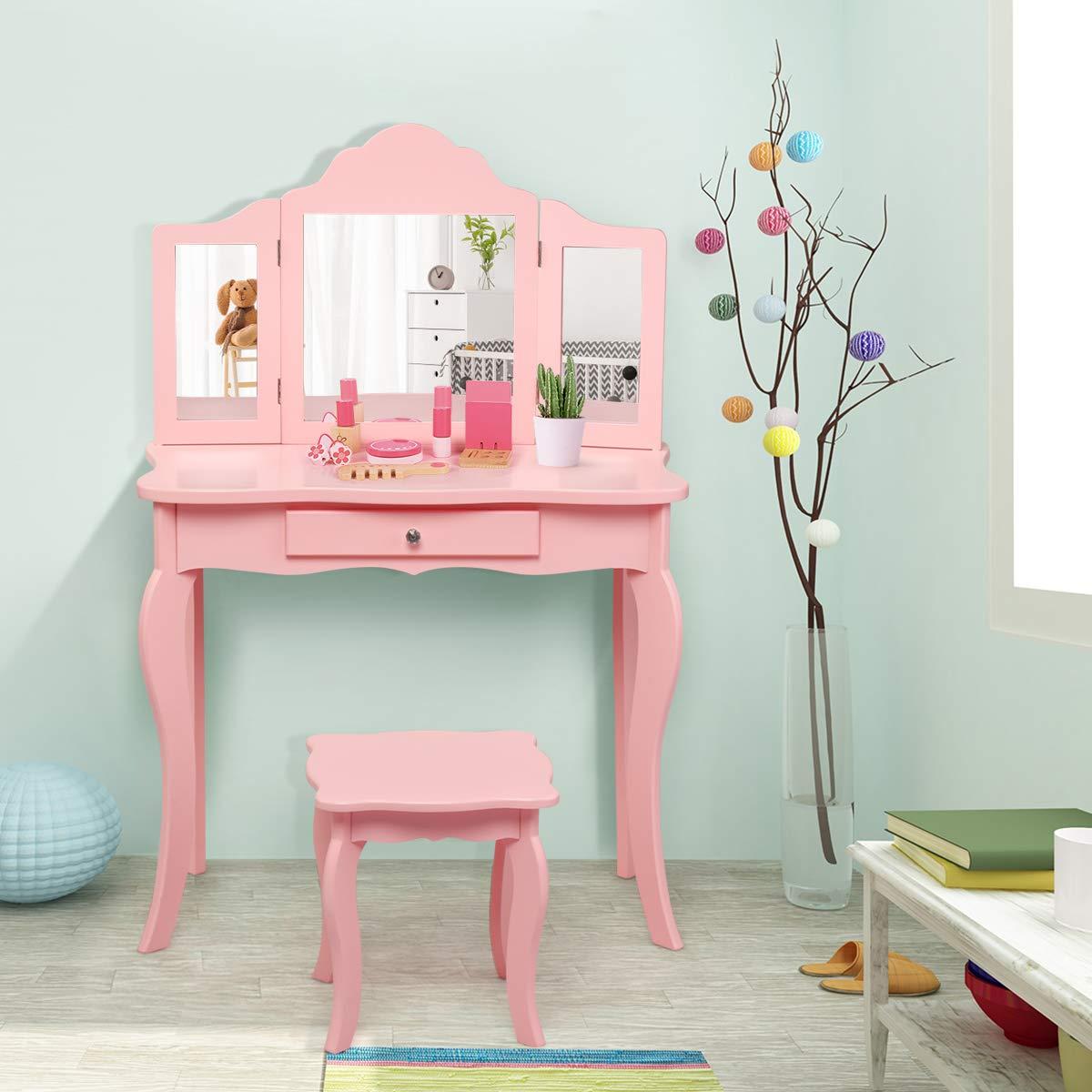 Infans Kids Vanity Table & Stool Princess Dressing Make Up Play Set for Girls Pink
