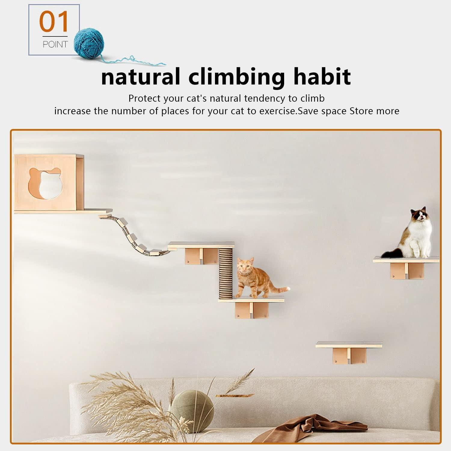 Cat Wall Shelves and Furniture Set with Condos, Perches, Bridge Ladders, Sisal Scratching Posts - Steps and Houses for Cats (A)