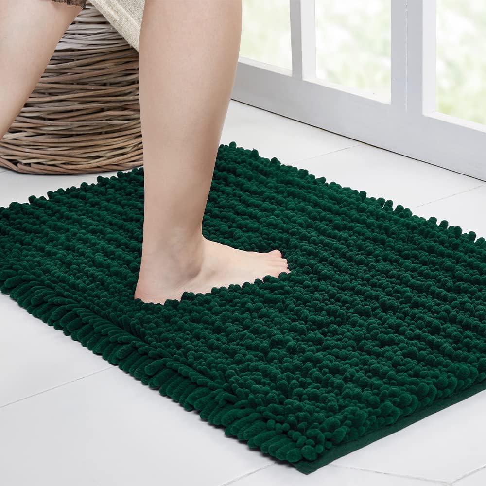 Bathroom Rug Non Slip Bath Mat (24x17 Inch Hunter Green) Water Absorbent Super Soft Shaggy Chenille Machine Washable Dry Extra Thick Perfect Absorbant Best Small Plush Carpet For Shower Floor