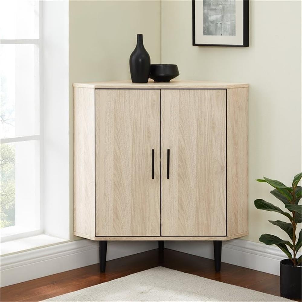 Contemporary Birch and Walnut Corner Accent Cabinet with Adjustable Shelving