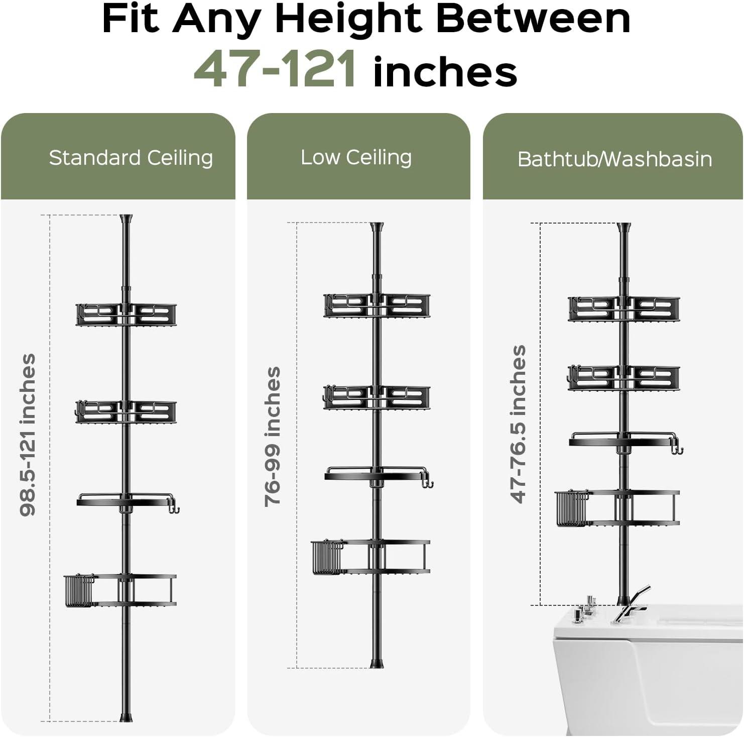 Corner Shower Caddy Tension Pole: Rust Proof 4Tier Shampoo Storage Organizer for Inside Shower - Telescoping Rod Shower Rack for Bathroom and Bathtub - Restroom Floor Standing Bath Rack Holder Black