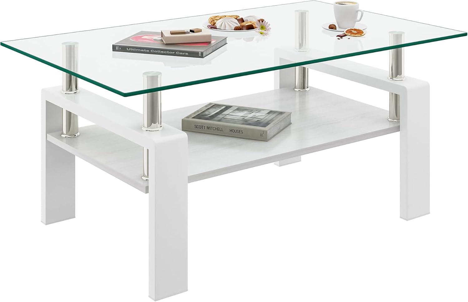 Glass Coffee Table for Living Room, Rectangle Glass Coffee Table with Storage Shelf, Transparent Coffee Tabletop with White Metal Legs for Apartment, Office (Transparent Glass, White)