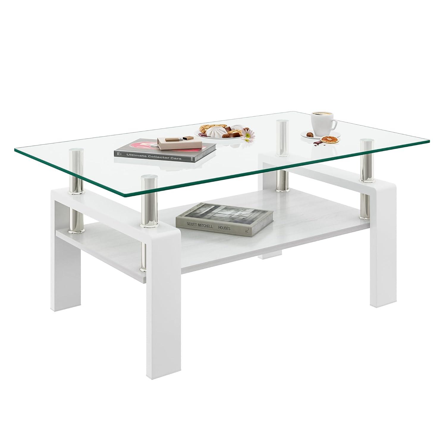 Glass Coffee Table for Living Room, Rectangle Glass Coffee Table with Storage Shelf, Transparent Coffee Tabletop with White Metal Legs for Apartment, Office (Transparent Glass, White)