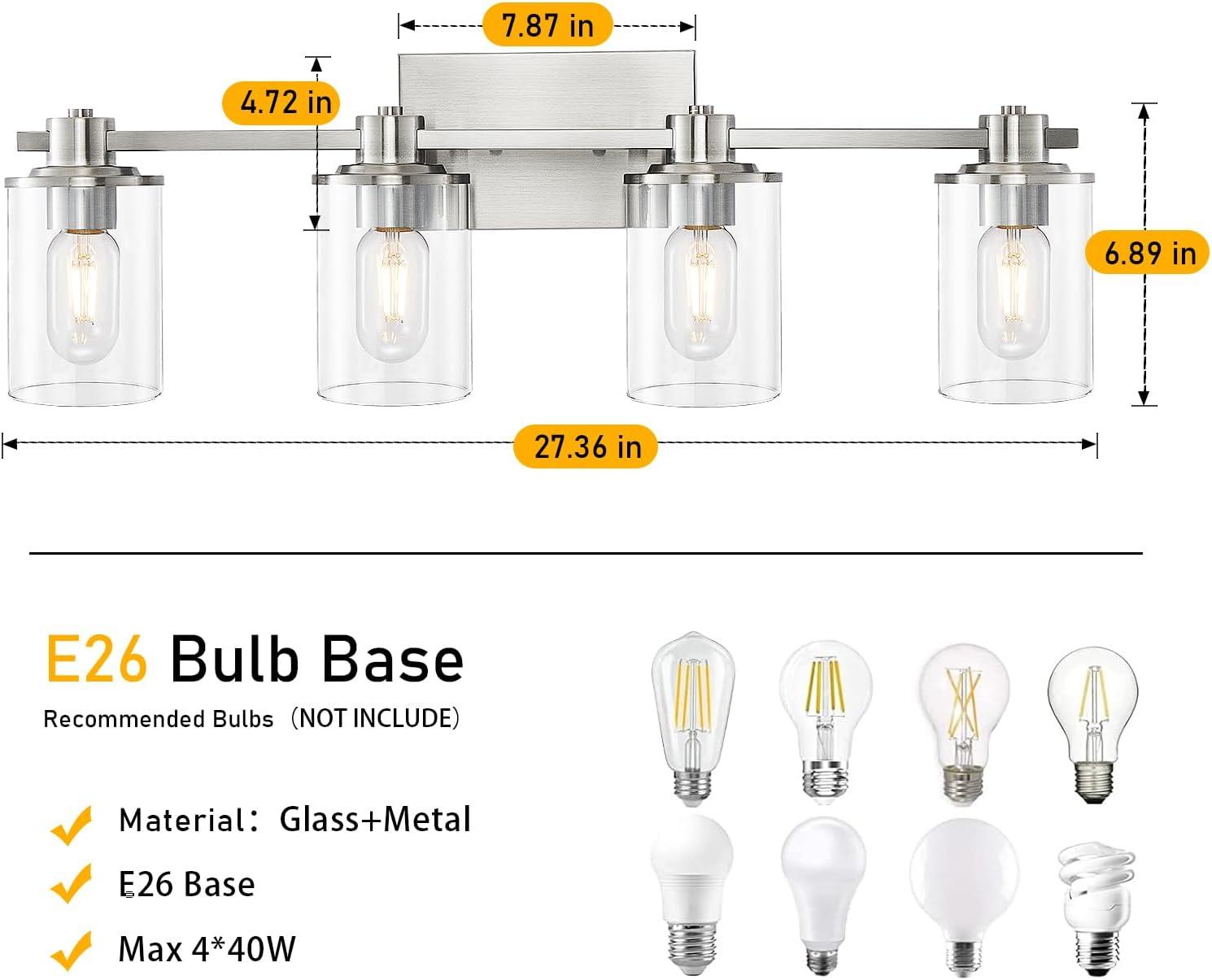 Brushed Nickel 4-Light Bathroom Vanity Fixture with Clear Glass Shades