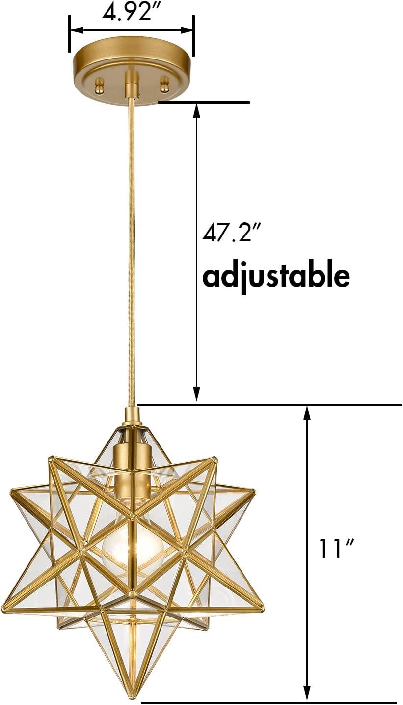 Modern Moravian Star Gold Finish Pendant Clear Glass Hanging Brass Star Light