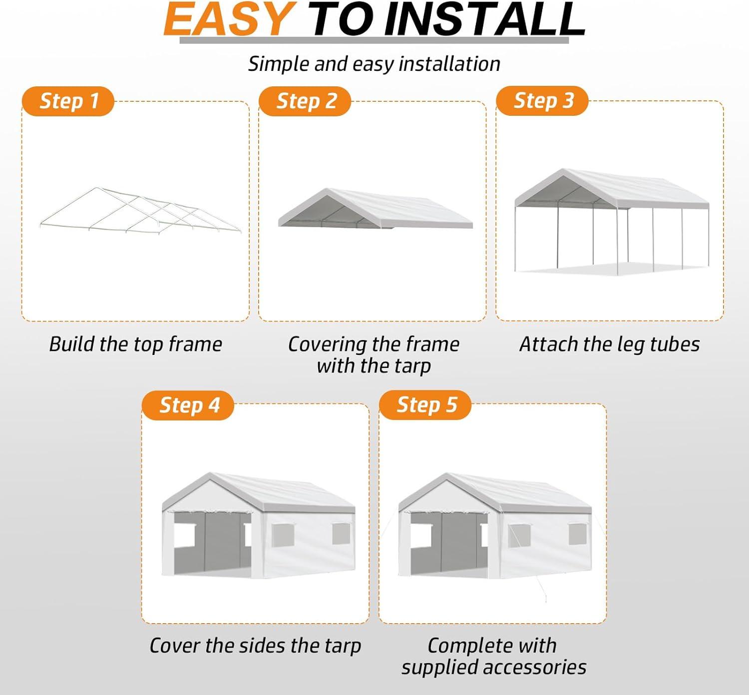 Aoodor 20 x 10 FT. Vehicle Carport Canopy Portable Garage Party Canopy Tent Boat Shelter, Heavy Duty Metal Frame with Removable Rool-up Sidewalls and Doors, White