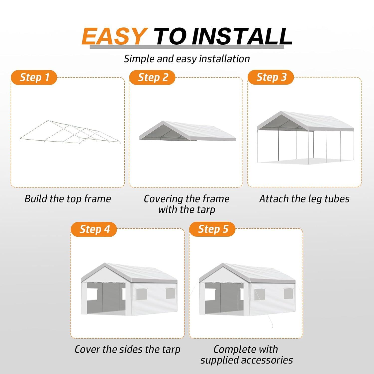 Aoodor 20 x 10 FT. Vehicle Carport Canopy Portable Garage Party Canopy Tent Boat Shelter, Heavy Duty Metal Frame with Removable Rool-up Sidewalls and Doors, White