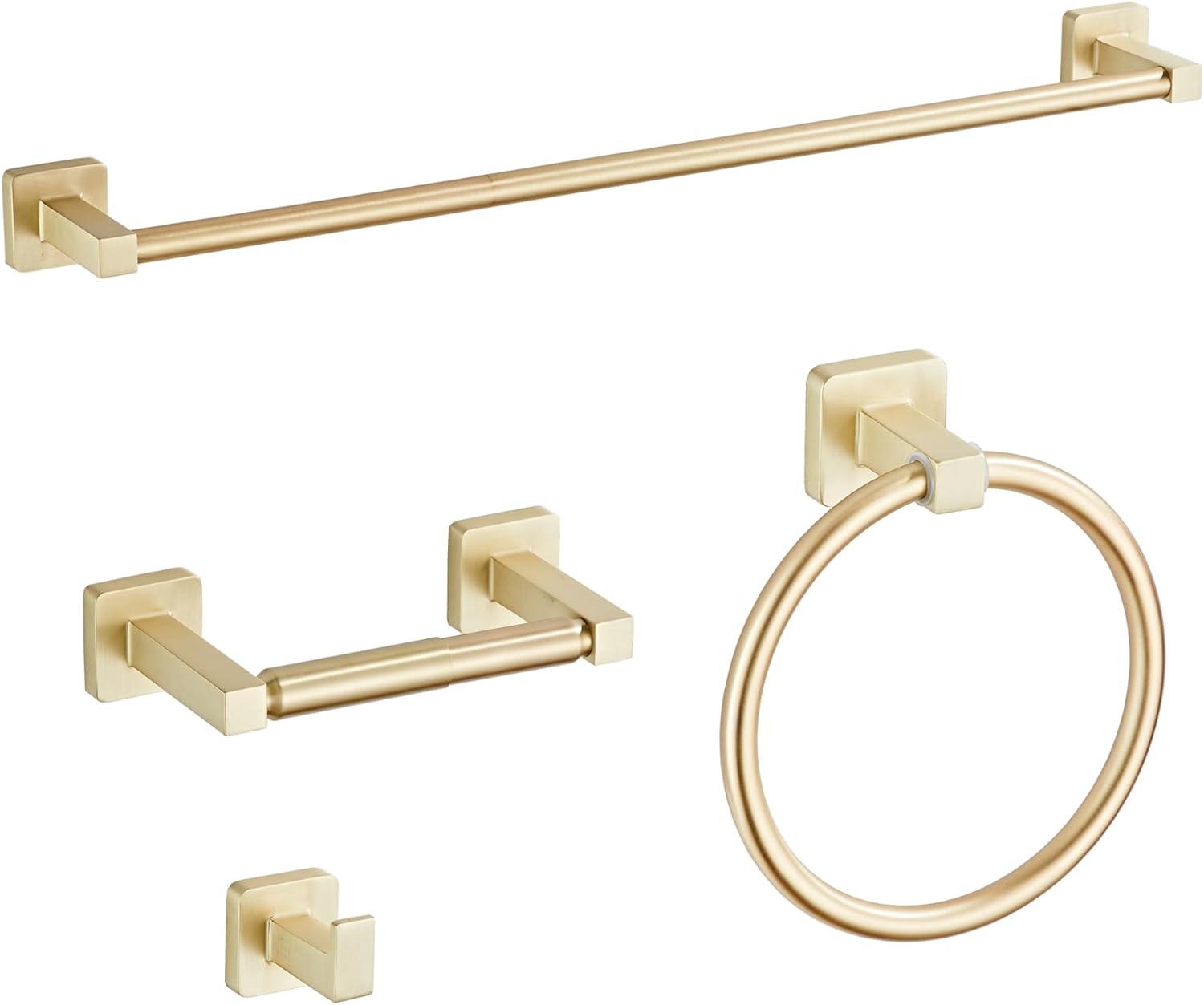 Brushed Gold Bathroom Hardware Set 4 Pieces,Bathroom Accessories Set Stainless Steel Wall Mounted, Hand Towel Bar, Towel Ring, Robe Towel Hooks,Toilet Paper Holder,Towel Bar Set, 23.6 Inch…