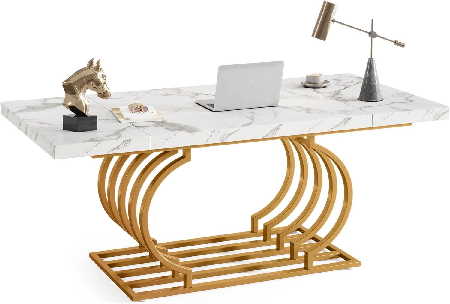 Tribesigns 63 inch Modern Office Desk, Large Executive Desk Computer Desk with Gold Metal Frame, White & Gold