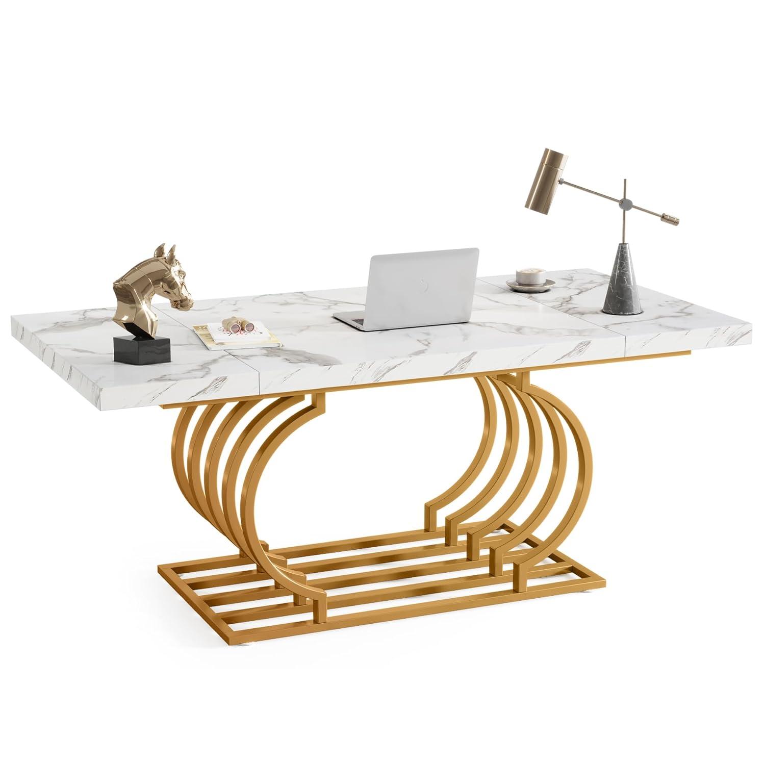 Tribesigns 63 inch Modern Office Desk, Large Executive Desk Computer Desk with Gold Metal Frame, White & Gold