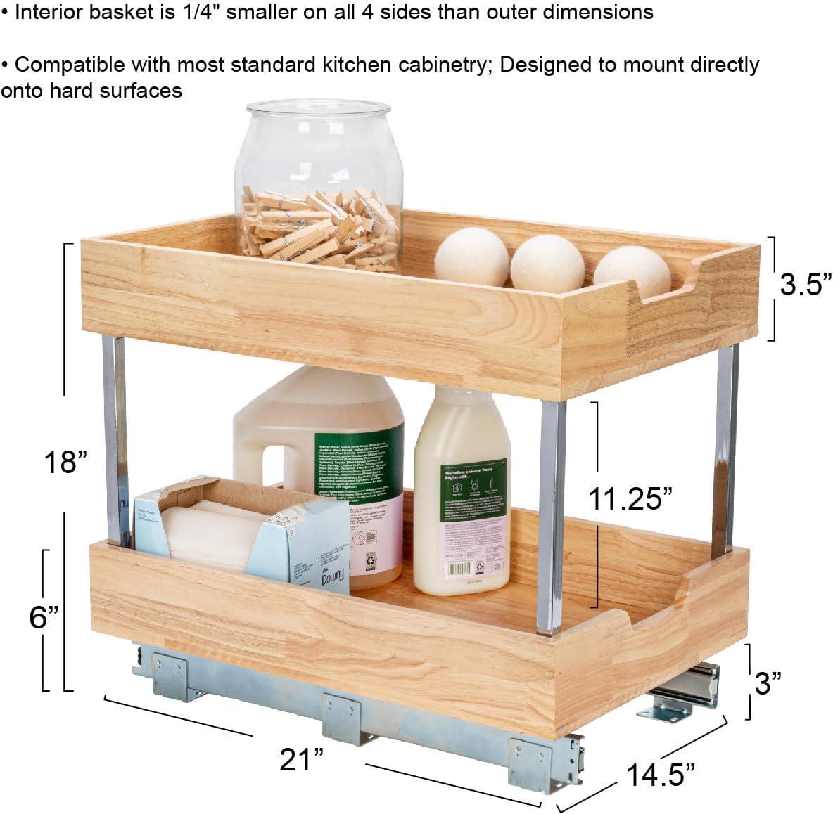 Household Essentials Glidez Steel and Wood Pull-Out/Slide-Out Storage Organizer for Under Cabinet Use - 2 -Tier Design - Fits Standard Size Cabinet or Shelf, Brushed Nickel and Natural