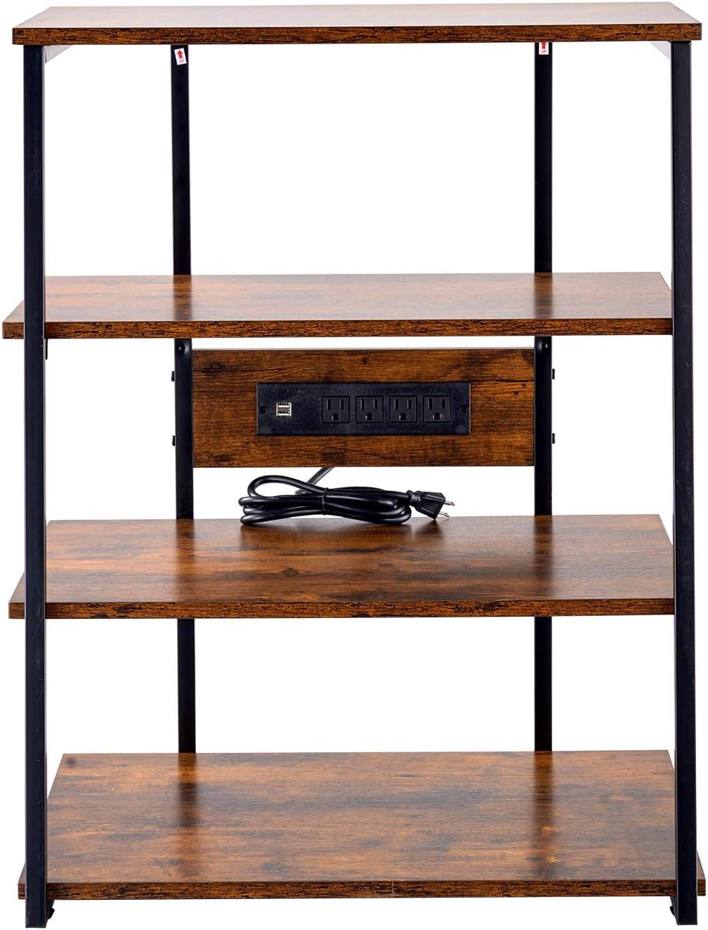 VEVOR 4-Tier AV Media Stand with Power Strips, Corner TV Stand with LED Lights, Height Adjustable Wooden Shelves