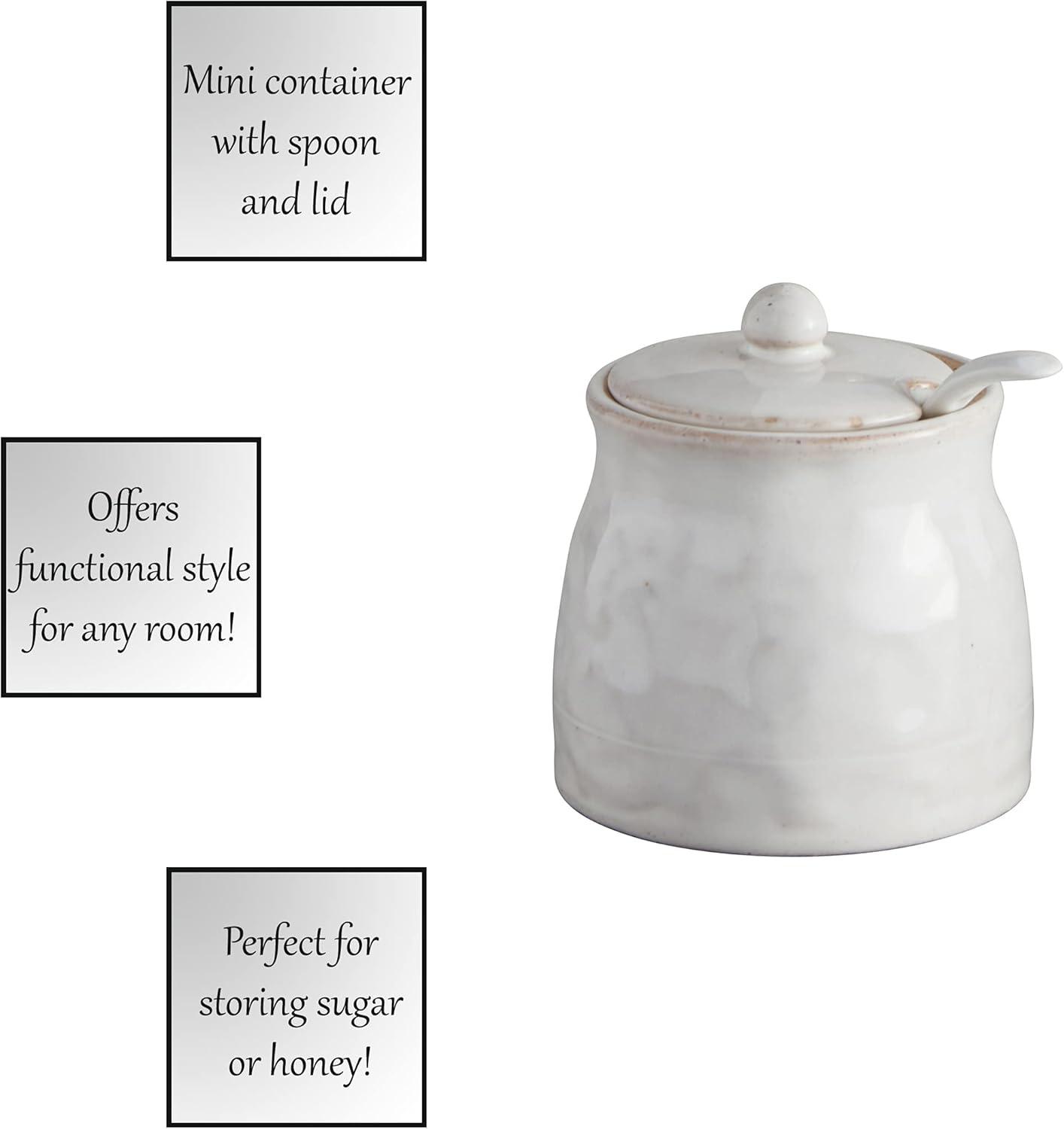 Small White Glazed Porcelain Sugar Jar with Lid and Spoon