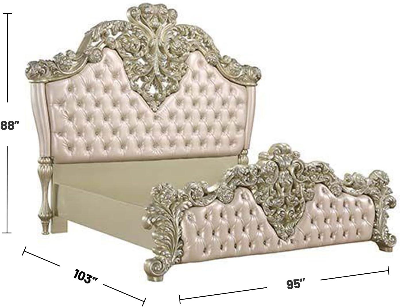 ACME Vatican Eastern King Bed, Synthetic Leather, Light Gold & Champagne Silver Finish