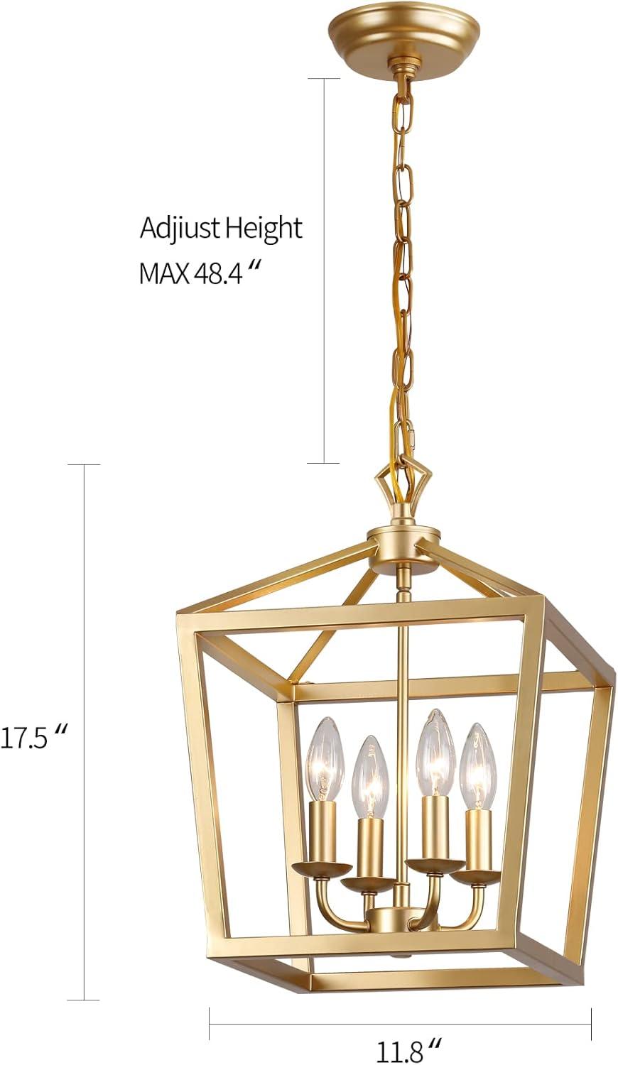 DUFEI Brushed Gold Chandelier, Modern 4-Lights Lantern Foyer Lighting Fixture for Dining Room, Kitchen Island, Bedroom and Living Room