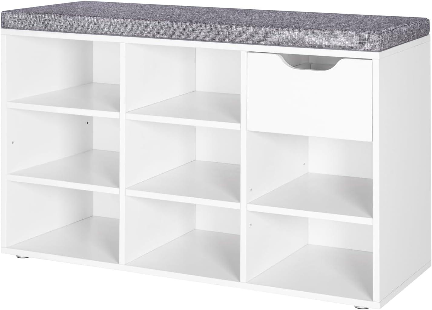 White Entryway Shoe Bench with Drawer and Gray Cushion