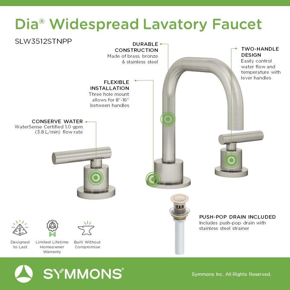Symmons Dia Widespread Bathroom Faucet with Push Pop Drain SLW3512STNPP