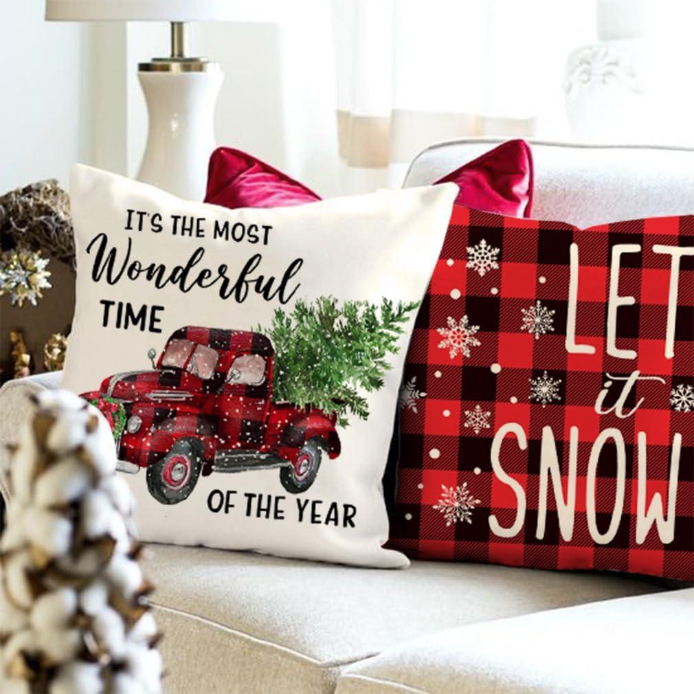 BEAUTY Merry Christmas Throw Pillow Covers 18 x 18 Inch Set of 4  Red Barn Merry & Bright Xmas Farmhouse Holiday Pillowcases for Home Outdoor Decoration CP053-18