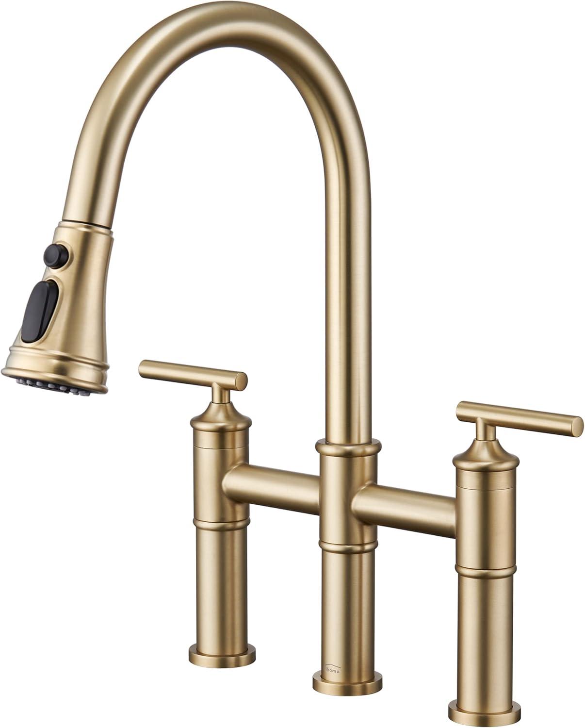 Double Handle Bridge Pull-Down Kitchen Faucet with 3-Spray Patterns and 360 Degrees Rotation Spout in Brushed Nickel