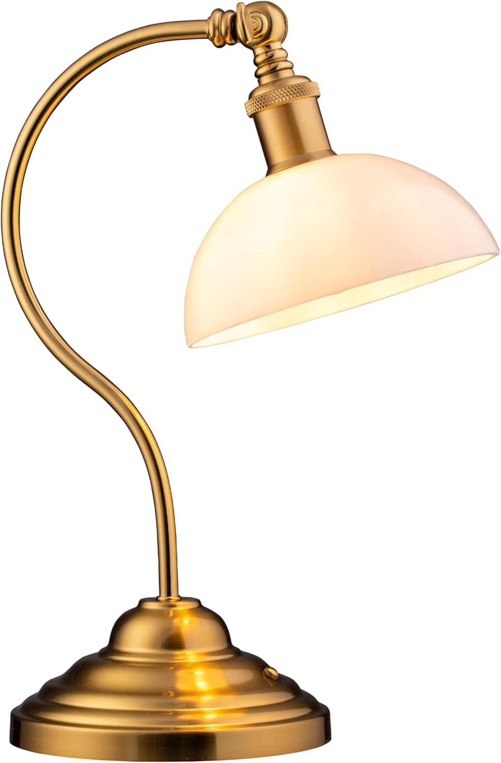 O'Bright Bankers - Cordless LED Table Lamp, Battery-Operated, Rechargeable, 3-Level Dimming, Universal USB-C Charging, 180° Swivel Head, White Jade Glass Shade, Antique Brass