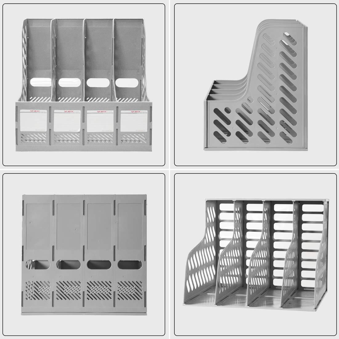 SAYEEC File Holder Plastic Magazine Organizer for Desk Vertical 4 Compartment Binder Folder for Office Home Storage,Gray