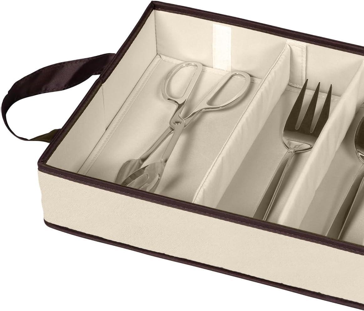 Windowed Flatware Storage Chest, 5 Compartment Storage with Serving Utensil Pouch, Canvas with Brown Trim