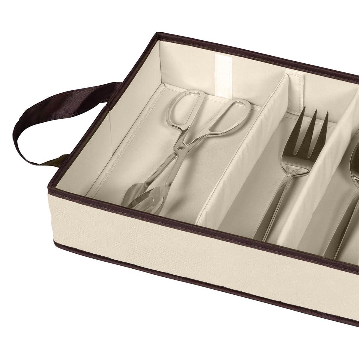 Windowed Flatware Storage Chest, 5 Compartment Storage with Serving Utensil Pouch, Canvas with Brown Trim
