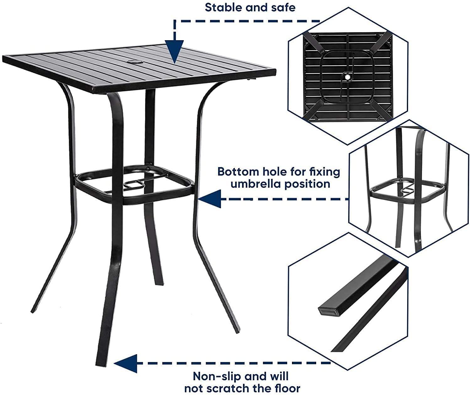 Patio Height Bar Table, Outdoor Bistro Square High Top Dining Table with 1.57'' Umbrella Hole & Steel Slat Table Top (Black)
