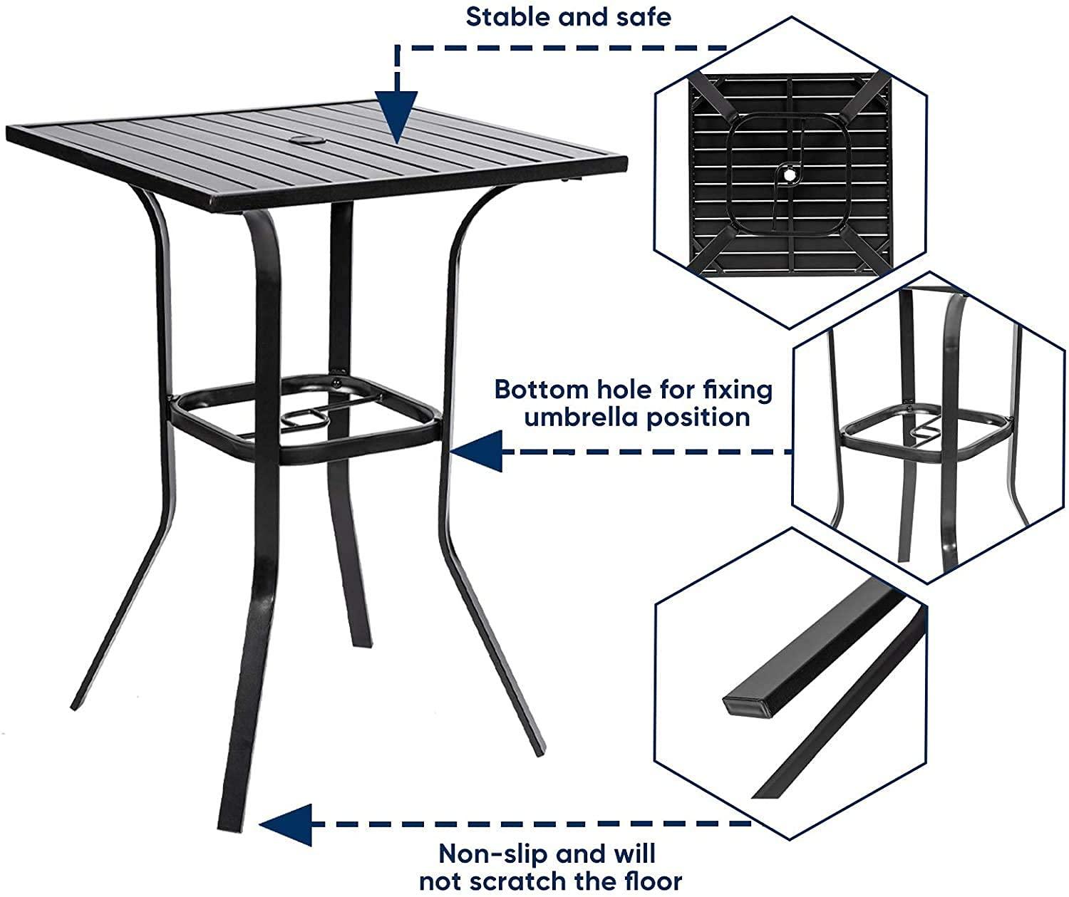 Patio Height Bar Table, Outdoor Bistro Square High Top Dining Table with 1.57'' Umbrella Hole & Steel Slat Table Top (Black)