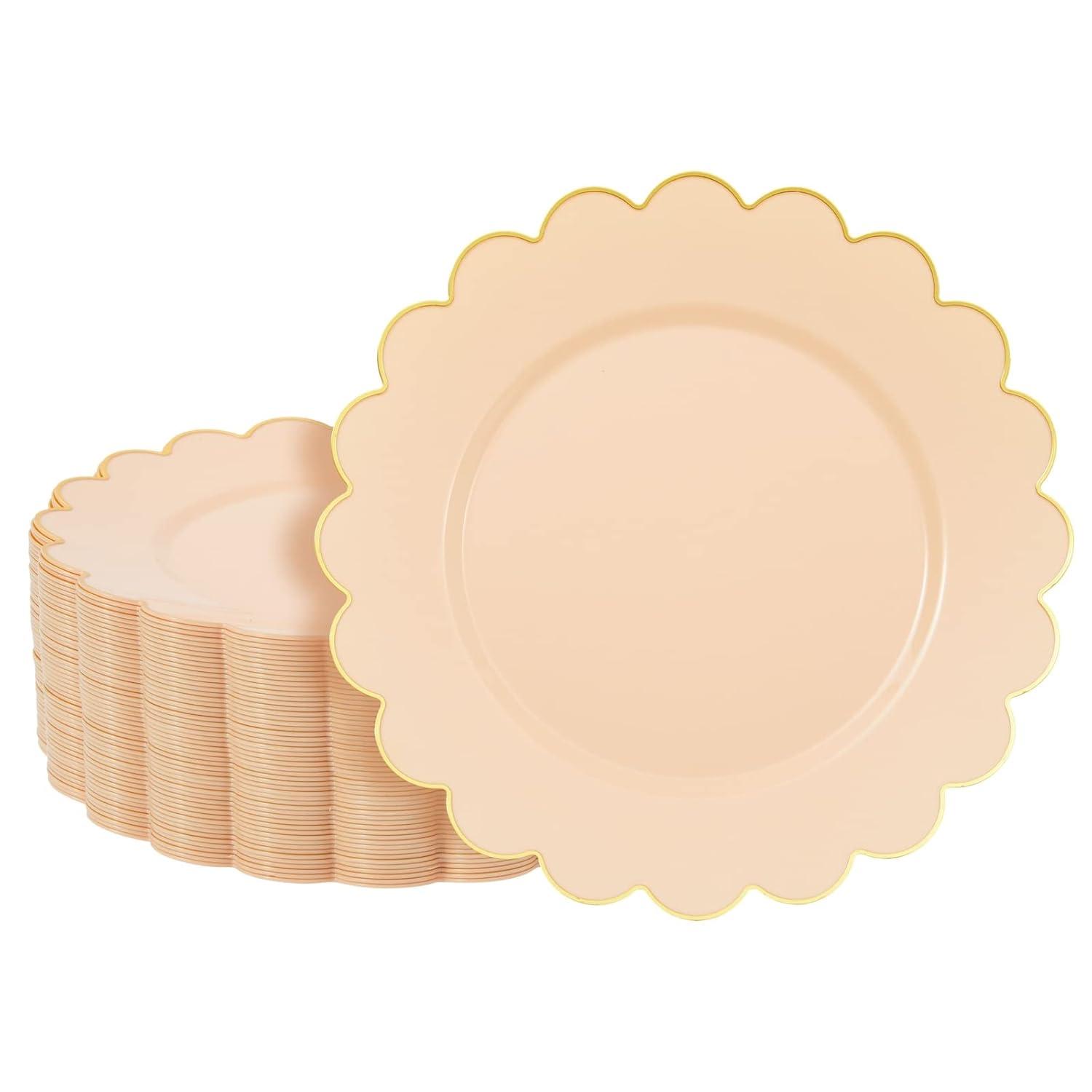 BLUE PANDA 50 Pack Ivory Pink Plastic Plates for Party, 9 Inch Disposable for Party Supplies, Wedding, Gold Foil Scalloped Edges - Scalloped Plates