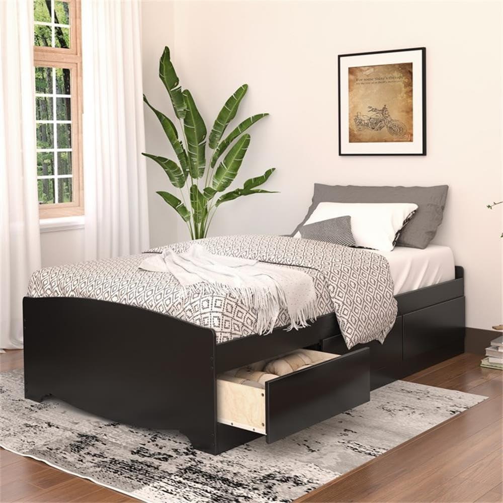 Black Twin XL Wood Platform Bed with 3 Storage Drawers