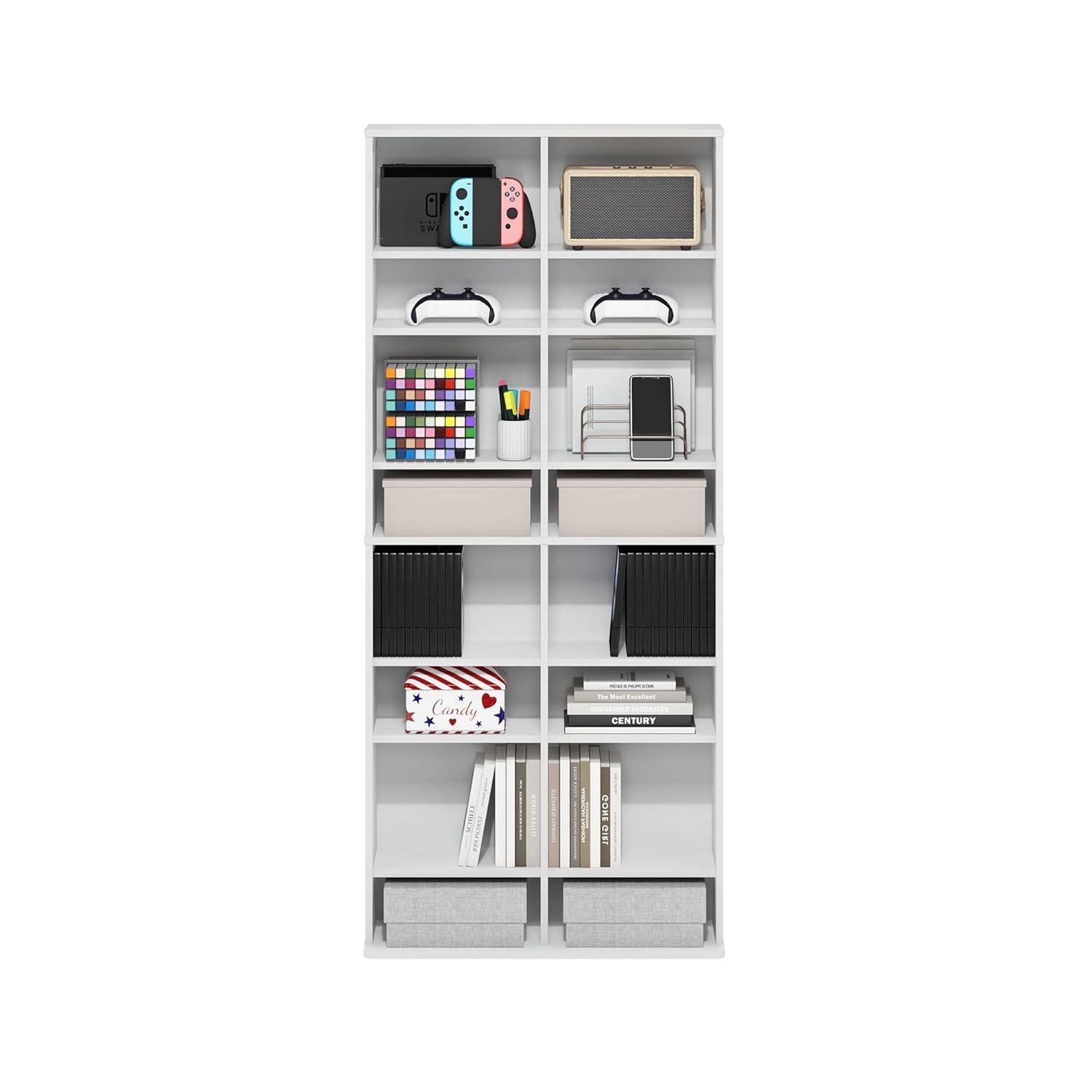 Furinno JAYA 16-Shelf Multimedia Media Storage Tower Rack with Adjustable Shelves, White