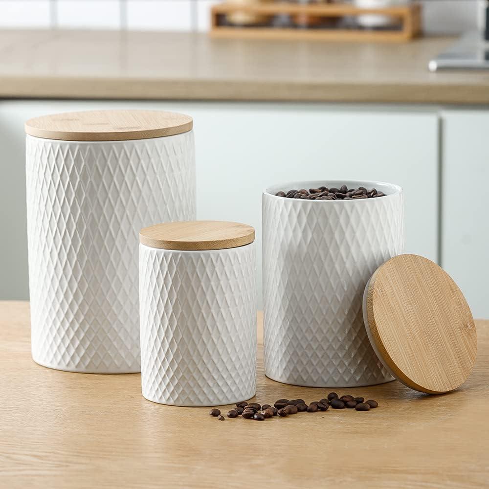 Woven Paths Set of 3 White Stoneware Canisters with Bamboo Lids